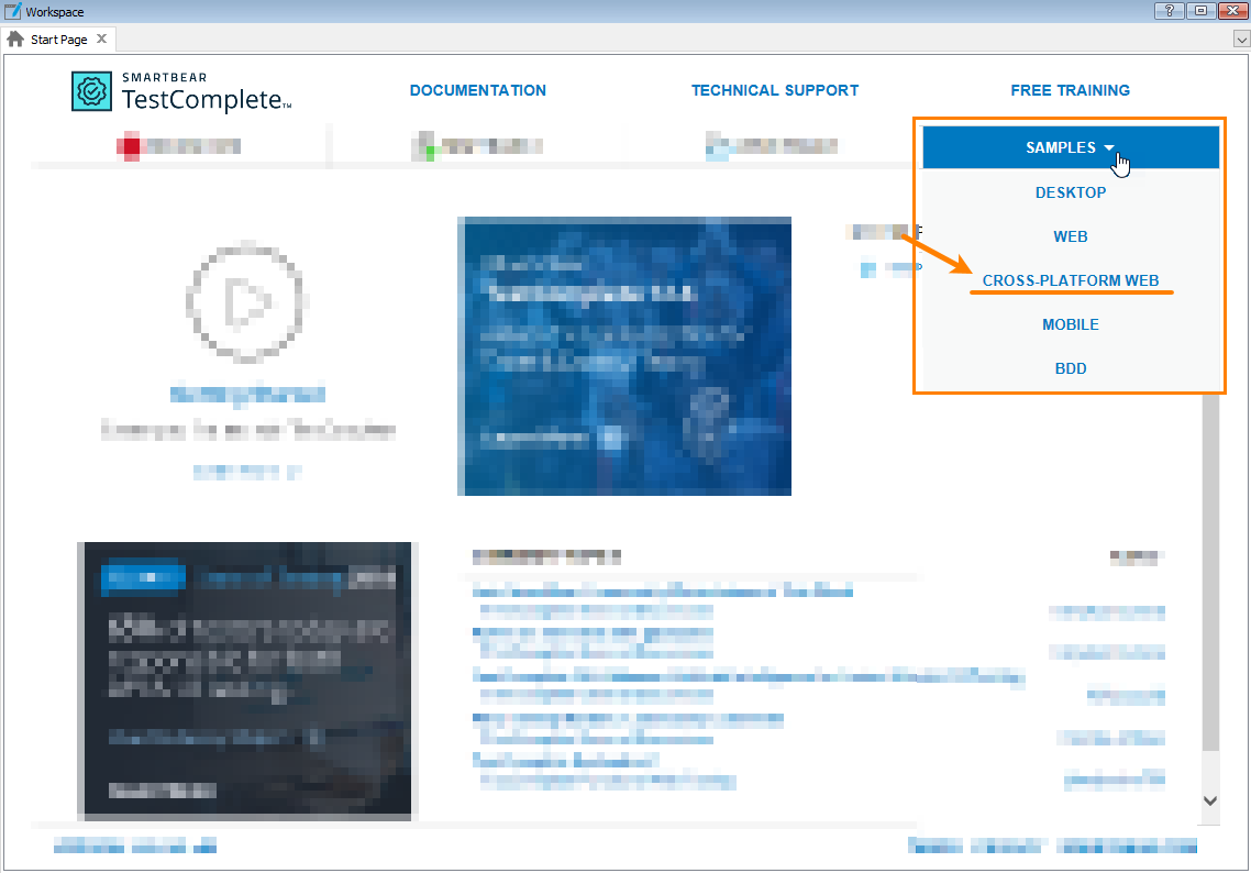Opening the cross-platform web test sample from the Start page Opening the cross-platform web test sample from the Start page