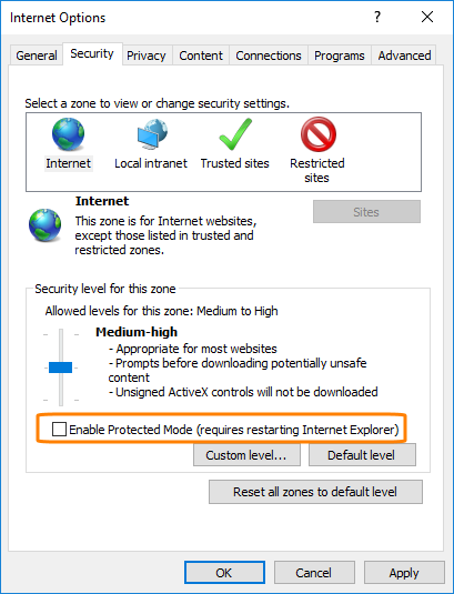 Internet Explorer settings: Protected Mode Internet Explorer settings: Protected Mode