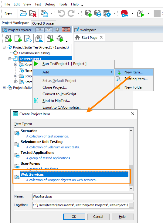 Add the WebServices collection to your TestComplete project Add the WebServices collection to your TestComplete project