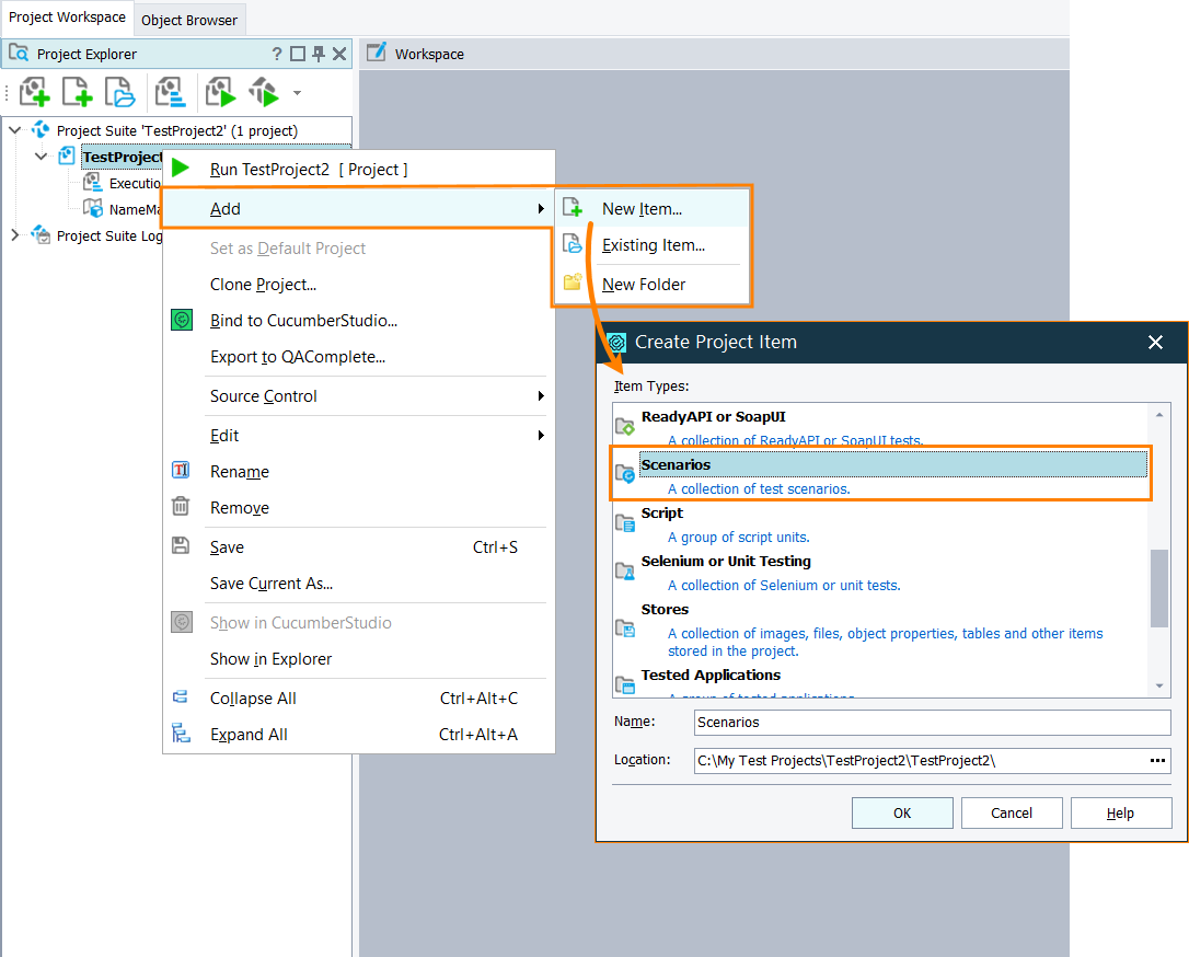 Adding the Scenarios project item Adding the Scenarios project item