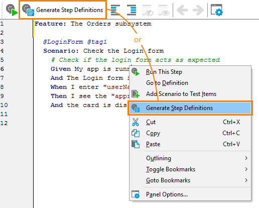 Generating step definitions Generate step definitions