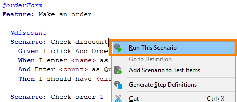 Running BDD tests from the Gherkin editor Running BDD tests from the Gherkin editor
