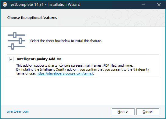 TestComplete Installation Wizard - Enable the Intelligent Quality Add-On TestComplete Installation Wizard - Enable Intelligent Quality Add-On