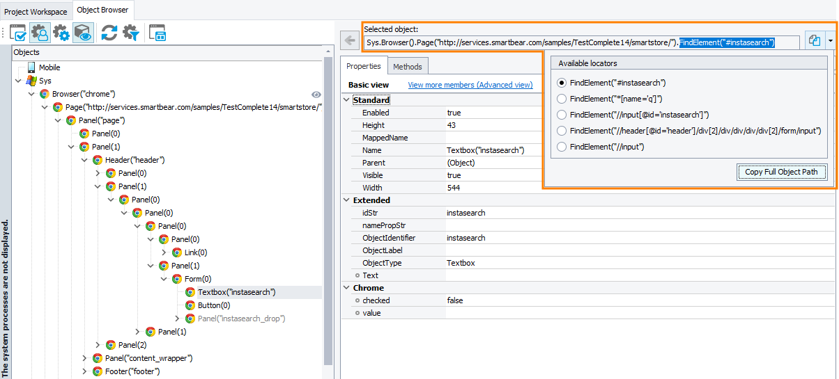 Using the FindElement method to locate objects in the Object Browser Using the FindElement method to locate objects in Object Browser