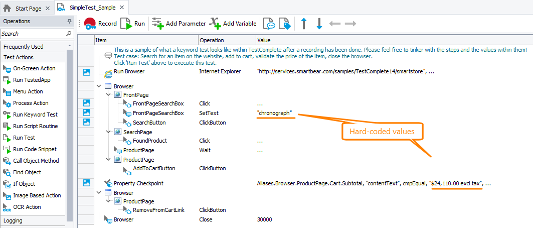 A keyword test with hard-coded operation values A keyword test with hard-coded operation values