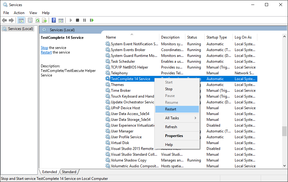 Restarting the TestComplete REST API service Restarting the TestComplete REST API service