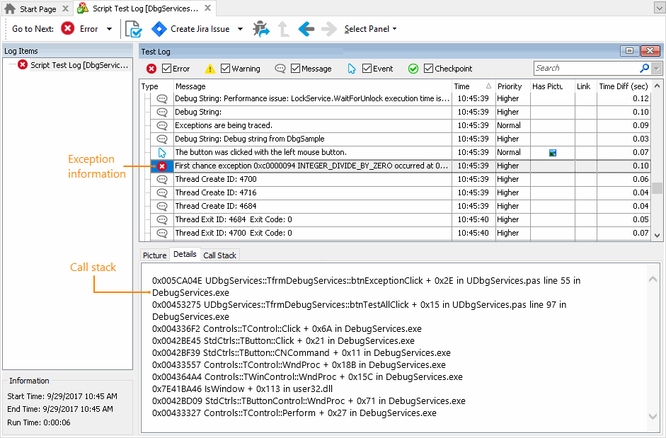 Call stack in the Details panel Call stack in the Details panel