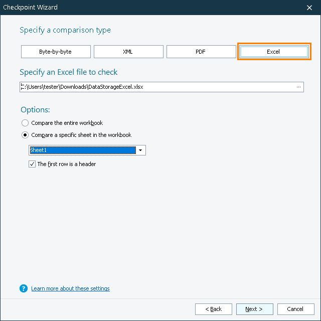 Excel Checkpoint: Specifying an Excel File to Check Excel Checkpoint: Specifying a Excel file to check