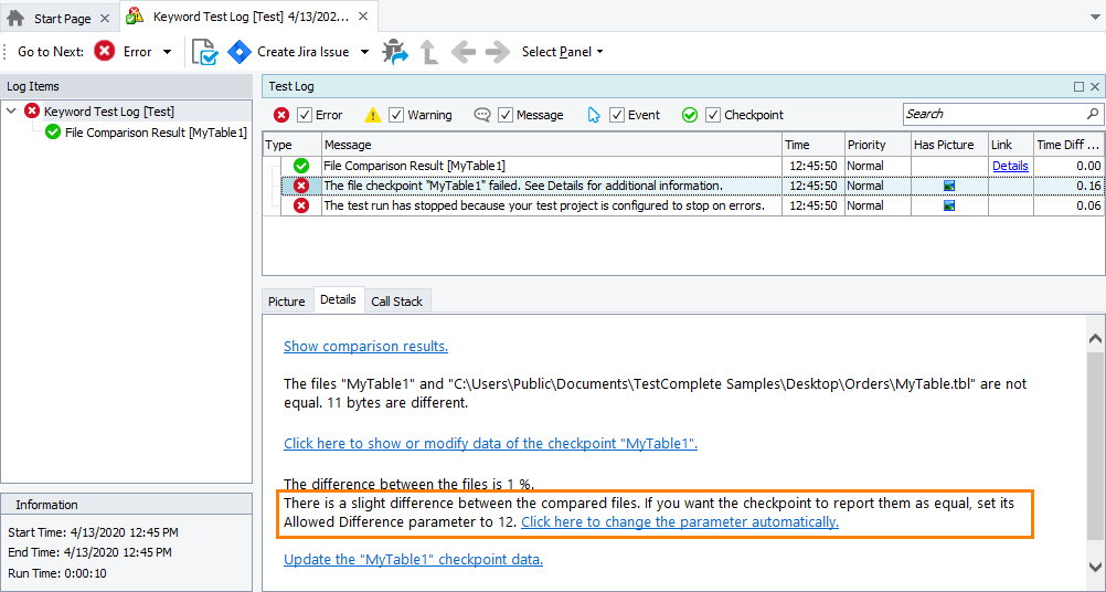 The number of different bytes The number of bytes different in files reported by TestComplete
