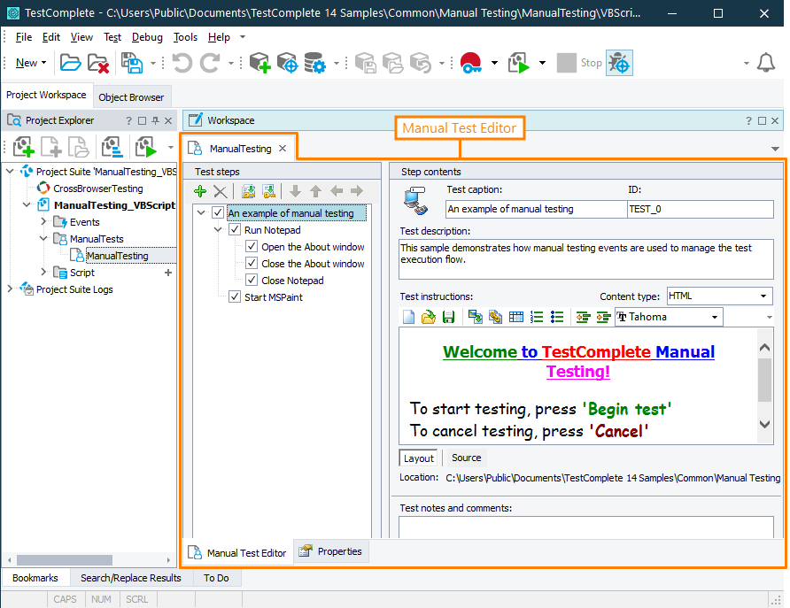 Manual Test Editor Manual Test editor