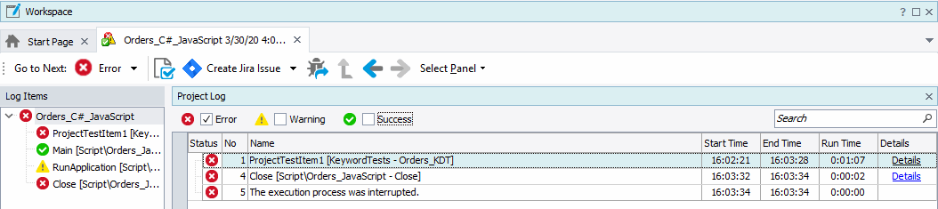 Error messages in the test log Error messages in the test log
