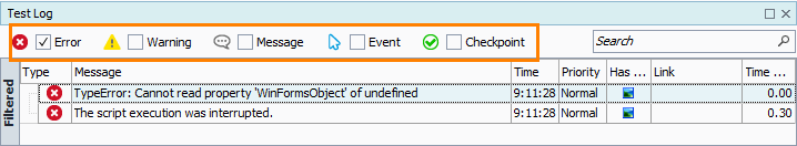 Error messages in the test log Error messages in the test log