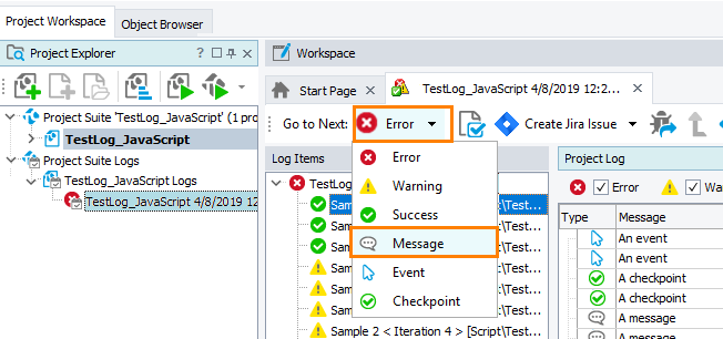 Select the type of message to which you want to navigate from the Log toolbar Select the type of message to which you want to navigate from the Log toolbar