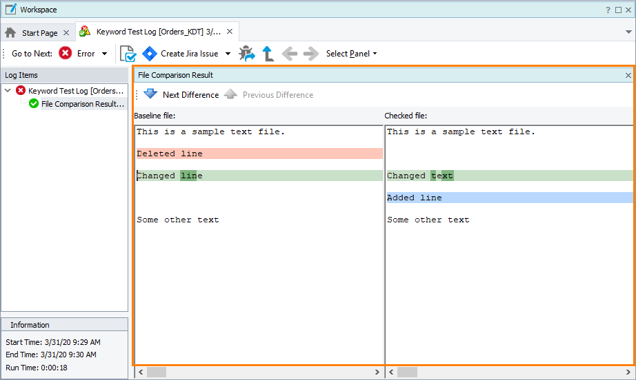 The File Comparison Results page The File Comparison Results page
