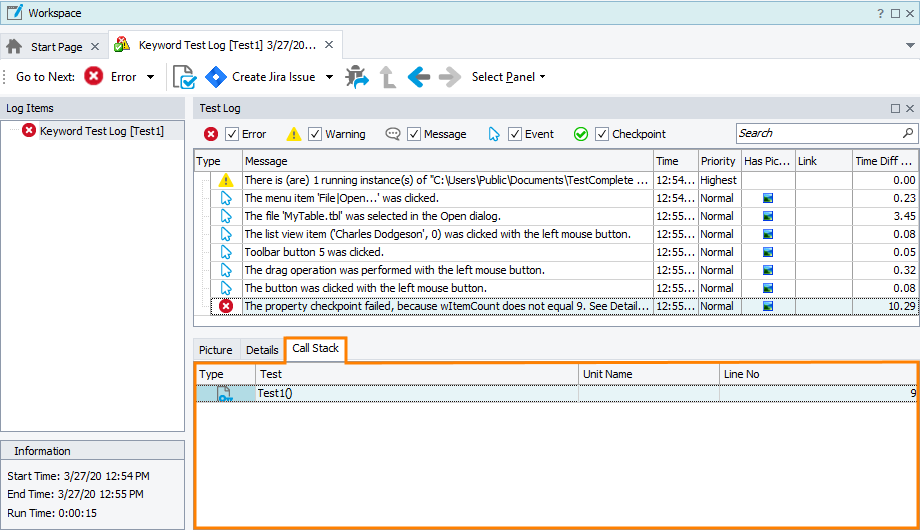The Call Stack panel The Call Stack panel