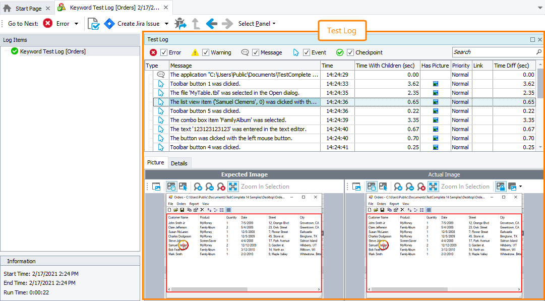 The Test Log panel The Test Log panel