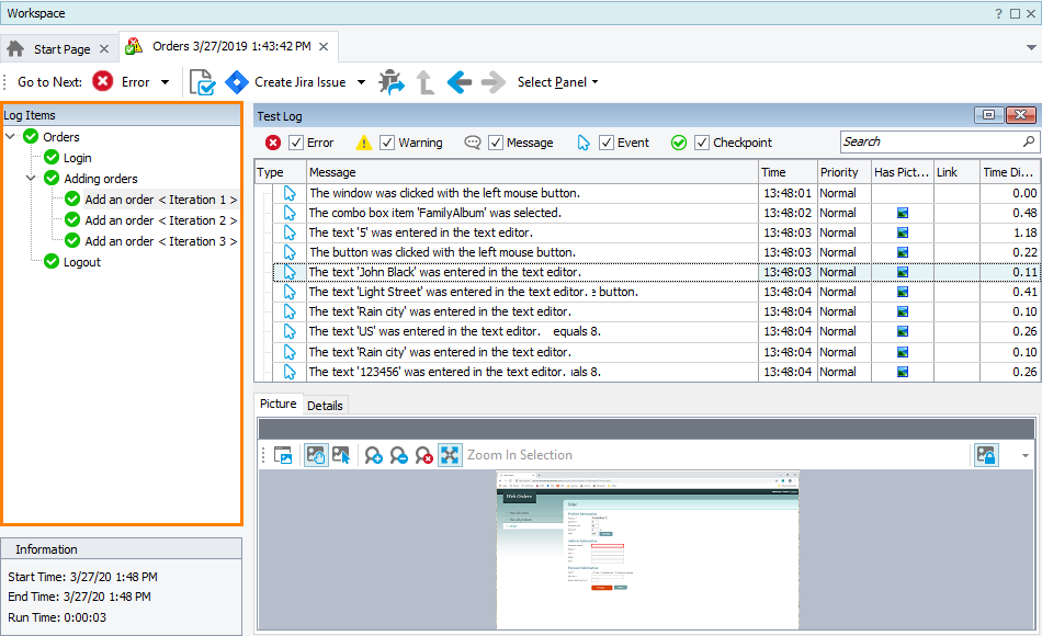 The Log Items panel The Log Items panel