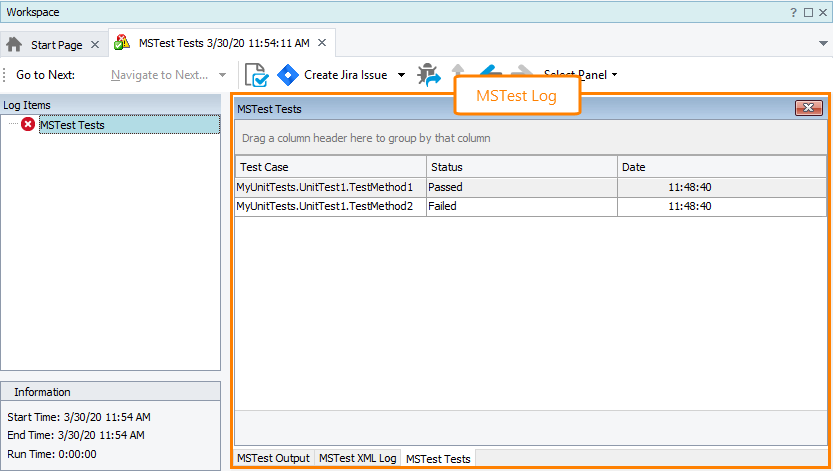 The MSTest Log page The MSTest Log page