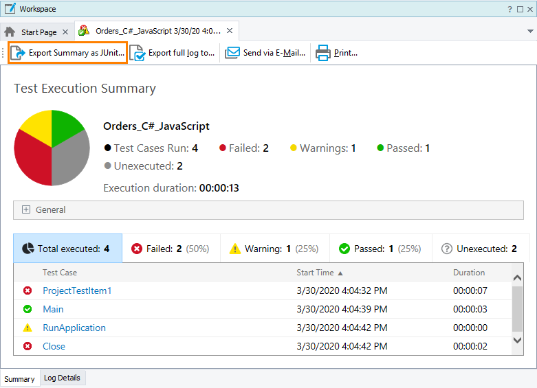 Exporting the Summary report to JUnit Exporting the Summary report to JUnit in TestComplete