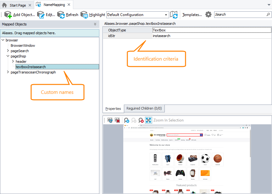Addressing objects when Name Mapping is used and the project is configured to use identification properties to locate web objects Addressing objects when Name Mapping is used and the project is configured to use identification properties to locate web objects