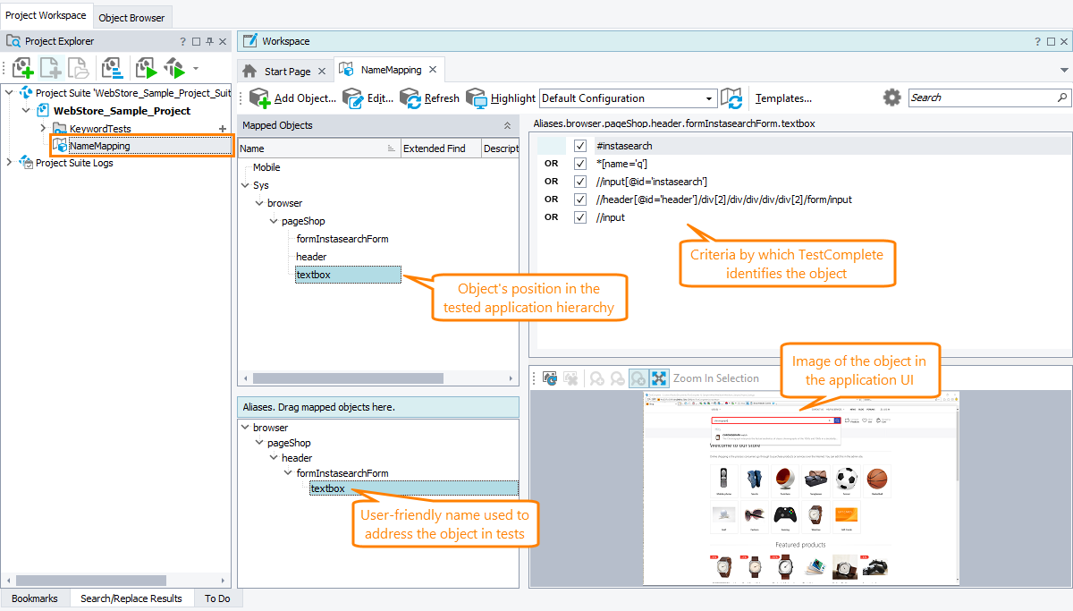 Mapped objects of a web application Mapped objects of a web application (cross-platform web testing mode)