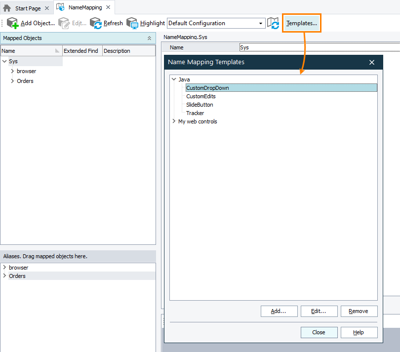 The Name Mapping Templates dialog Name Mapping Templates dialog