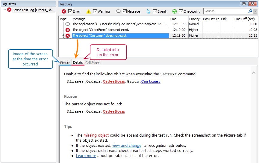 Detailed information on an error on the test log's Details and Picture tabs Detailed information on error in the test log's Details and Picture tabs