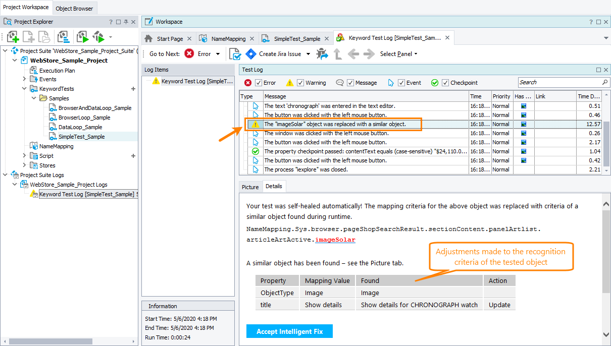 Recognition criteria fixed automatically Self-healing tests in TestComplete: Recognition criteria fixed automatically