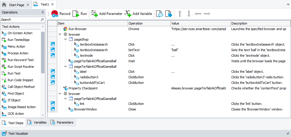 The recorded test Getting Started with TestComplete (Web): The recorded test