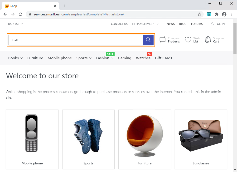 Type 'ball' in Search box Getting Started with TestComplete (Web): Type 'ball' in the Search box