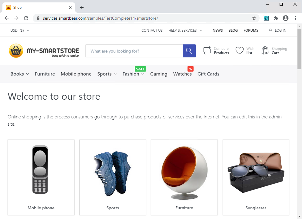 SmartStore main page Getting Started with TestComplete (Web): SmartStore main page