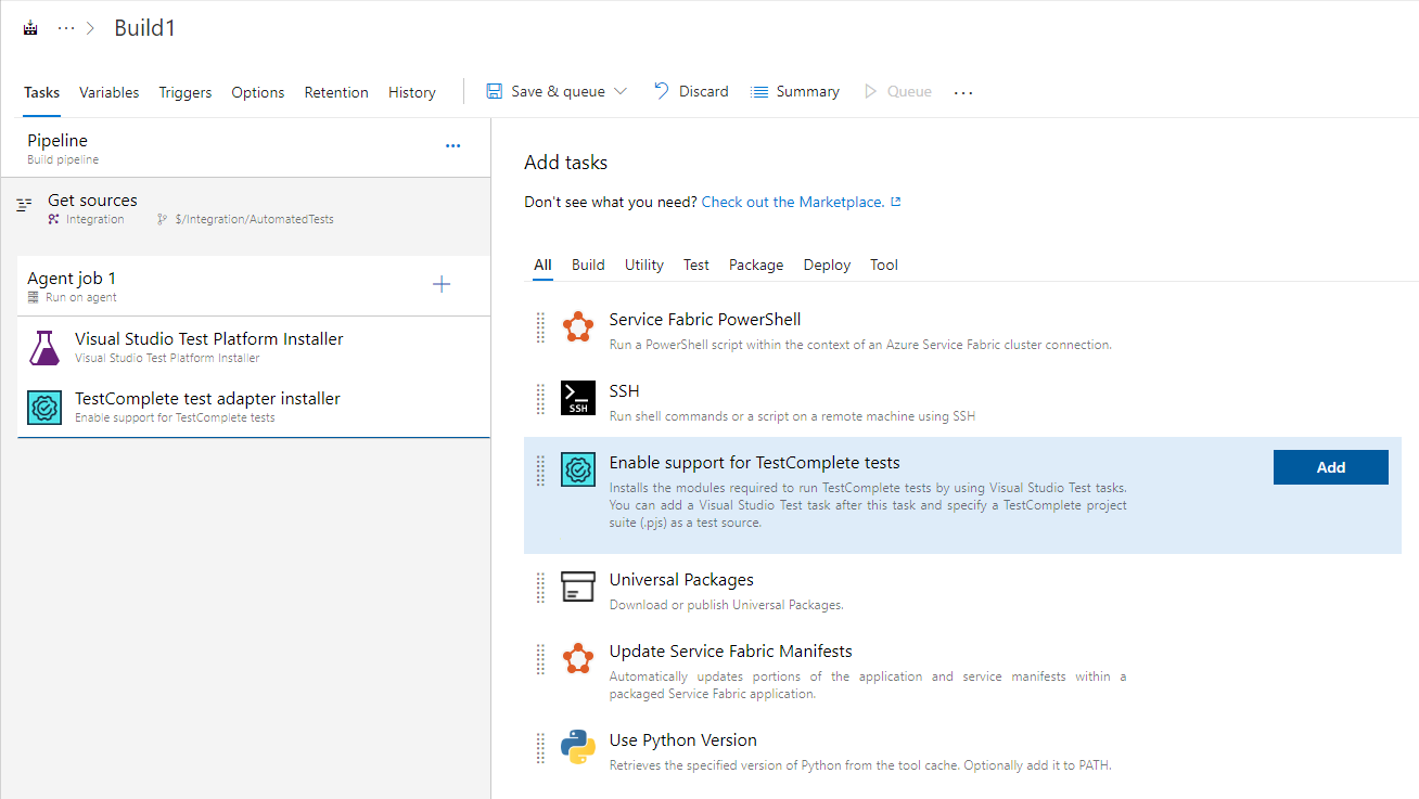 Adding the Enable TestComplete tests task TestComplete integration with Azure DevOps: Adding the Enable TestComplete tests task