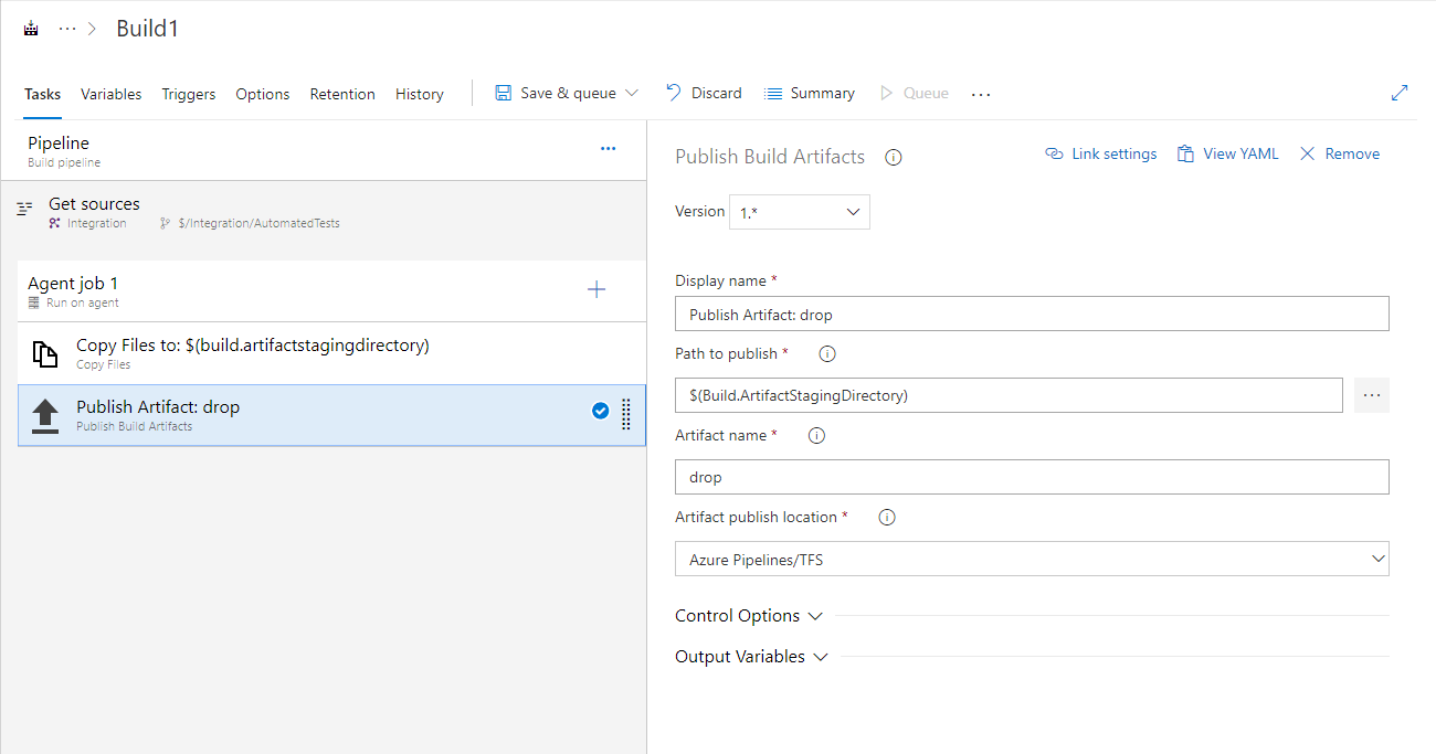 Publishing artifacts to a drop location TestComplete integration with Azure DevOps: Publish artifacts to a drop location