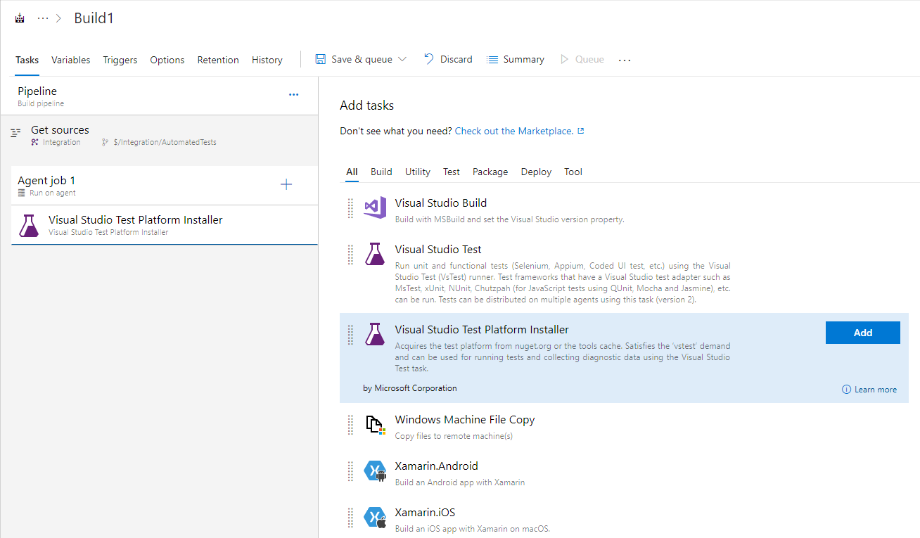 Adding the Install Visual Studio Test Platform task TestComplete integration with Azure DevOps: Adding the Install Visual Studio Test Platform task