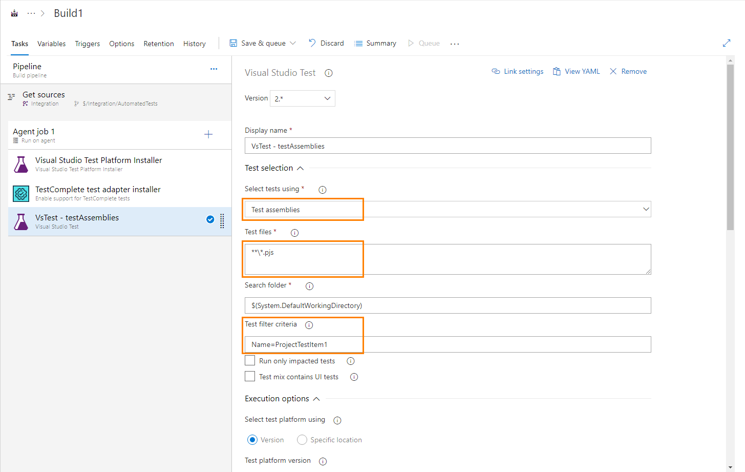 Configuring the Visual Studio Test task to run TestComplete tests TestComplete integration with Azure DevOps: Configuring a Visual Studio Test task to run TestComplete tests
