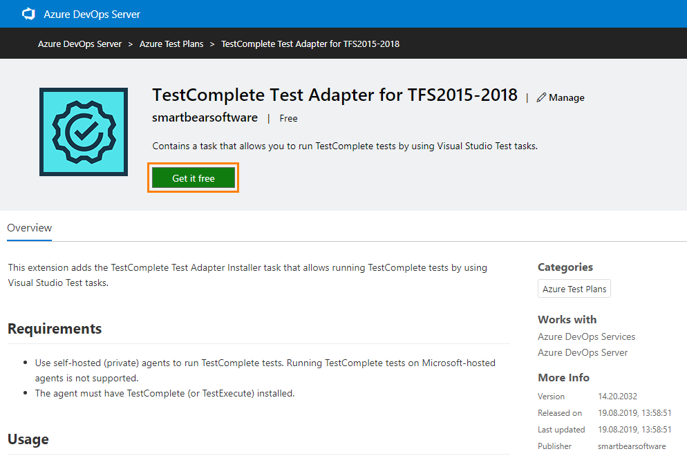 Getting the TestComplete test adapter extension TestComplete integration with Azure DevOps: Getting the TestComplete test adapter extension