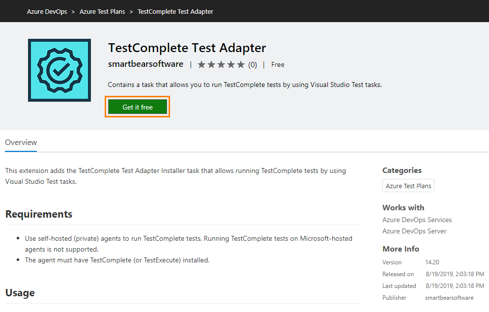 Getting the TestComplete test adapter extension TestComplete integration with Azure DevOps: Getting the TestComplete test adapter extension