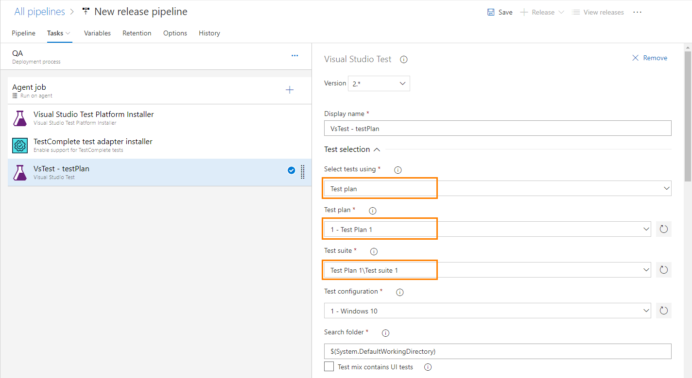 Configuring the Visual Studio Test task to run test cases to which TestComplete tests are assigned TestComplete integration with Azure DevOps: Configuring a Visual Studio Test task to run test cases to which TestComplete tests are assigned