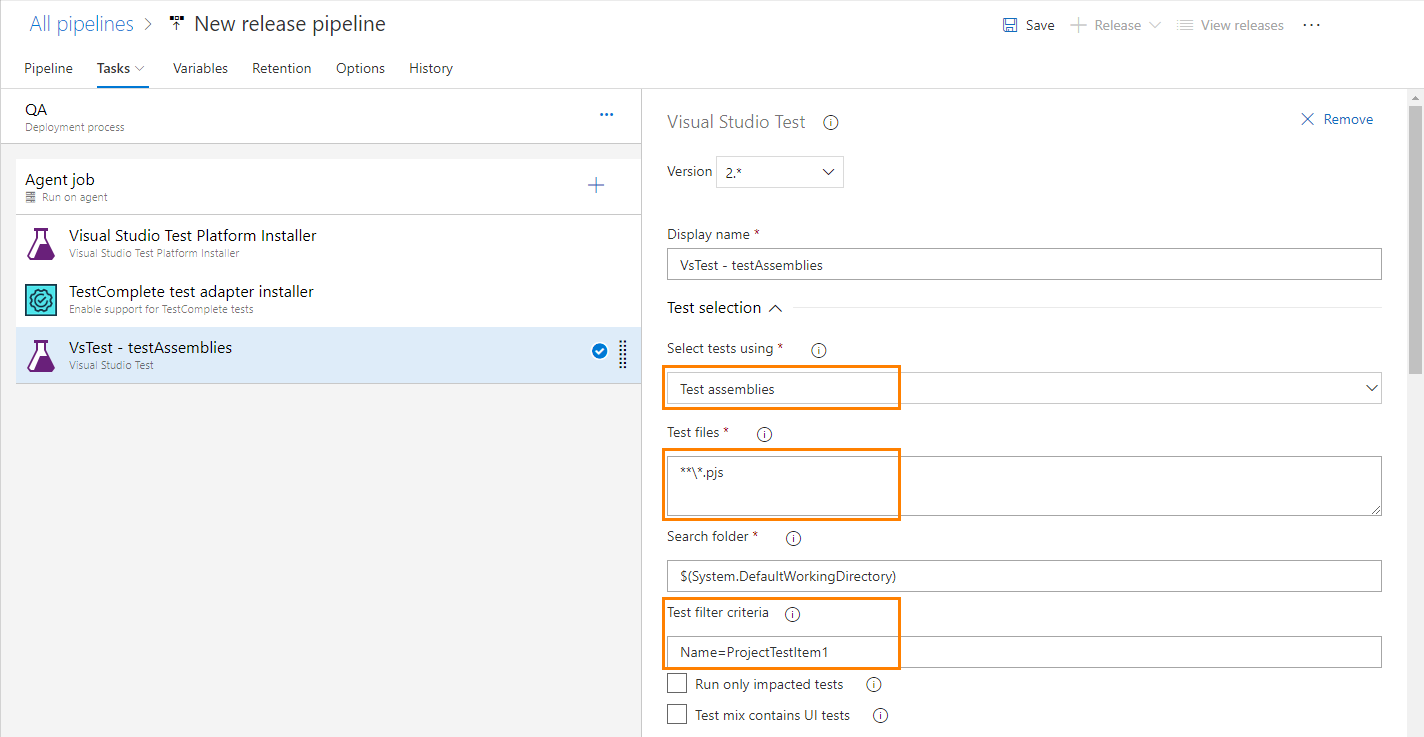TestComplete integration with Azure DevOps: Configuring the Visual Studio Test task to run TestComplete tests TestComplete integration with Azure DevOps: Configure a Visual Studio Test task to run TestComplete tests