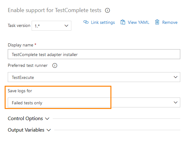 Selecting when to retrieve test logs TestComplete integration with Azure DevOps: Selecting when to retrieve test logs