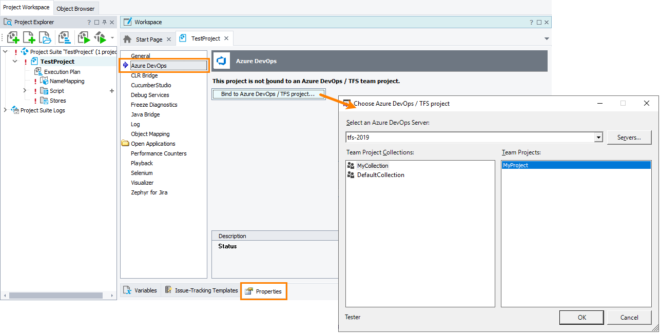 Binding a TestComplete project and an Azure DevOps project TestComplete integration with Azure DevOps: Binding a TestComplete project and an Azure DevOps project