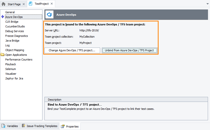 A TestComplete project bound to an Azure DevOps team project TestComplete integration with Azure DevOps: TestComplete project bound to the Azure DevOps team project