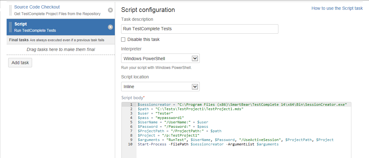 Running TestComplete tests from Bamboo by using PowerShell script Running TestComplete tests from Bamboo by using PowerShell script