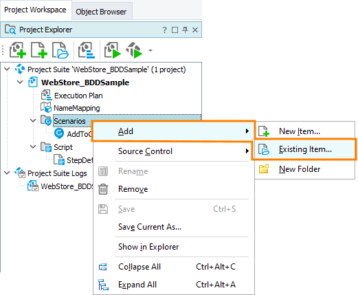 Add saved BDD scenarios to your TestComplete project Add saved BDD scenarios to your TestComplete project