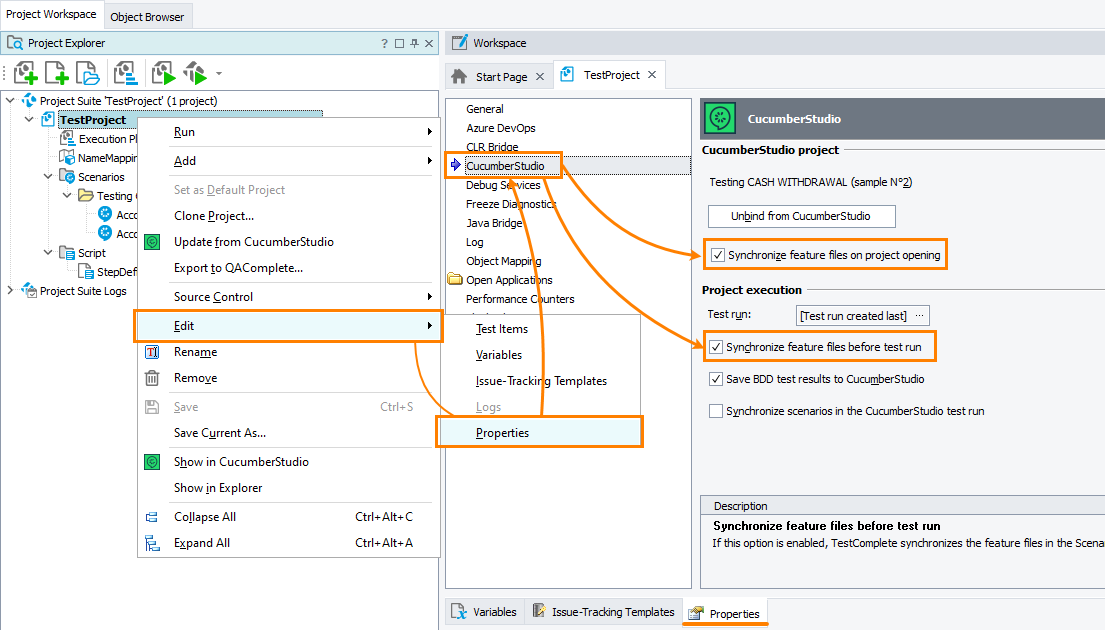 Enable automatic synchronization with CucumberStudio in a project Enable automatic synchronization with CucumberStudio in project properties