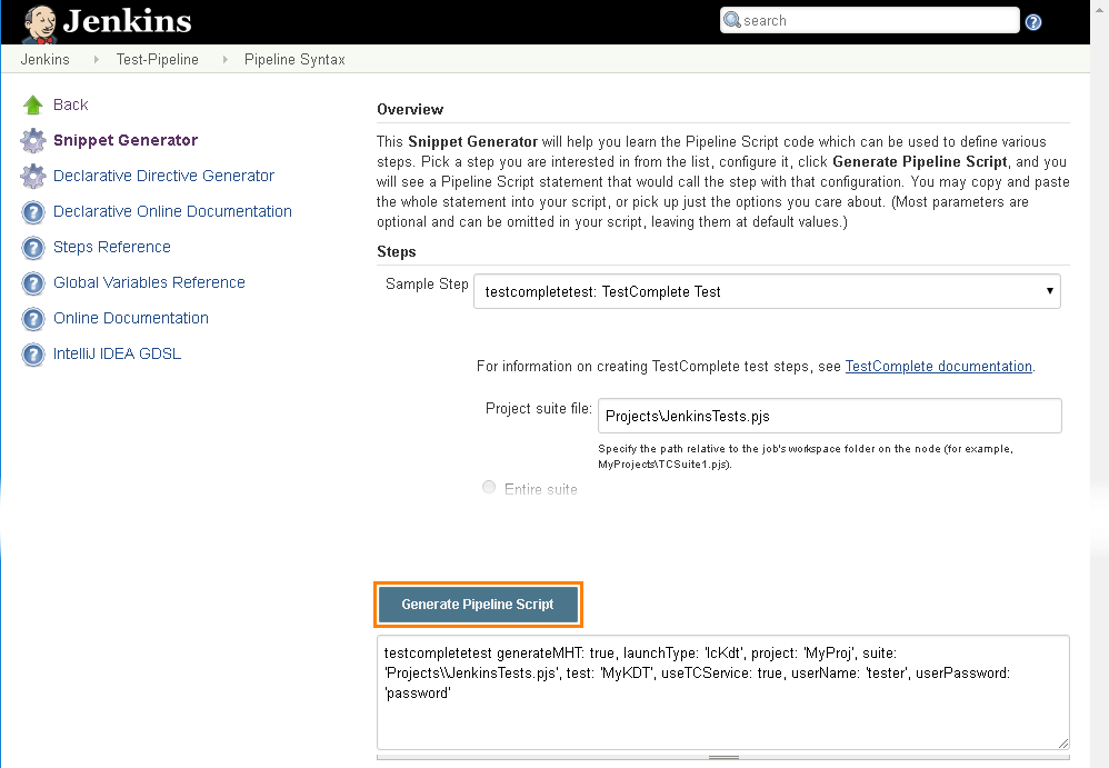 Configure the step and generate code Jenkins Snippet Generator: Configure the step and generate the code