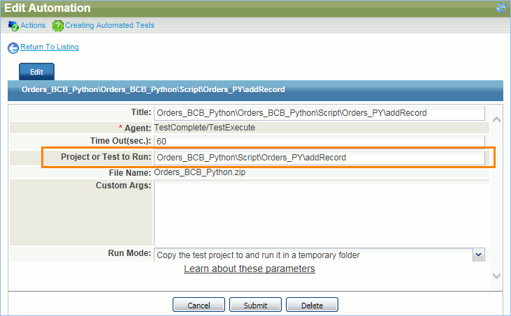 Exporting Tests to QAComplete: Project or Test to Run Setting in the Exported Test Exporting tests to QAComplete: Project or Test to Run setting in the exported test