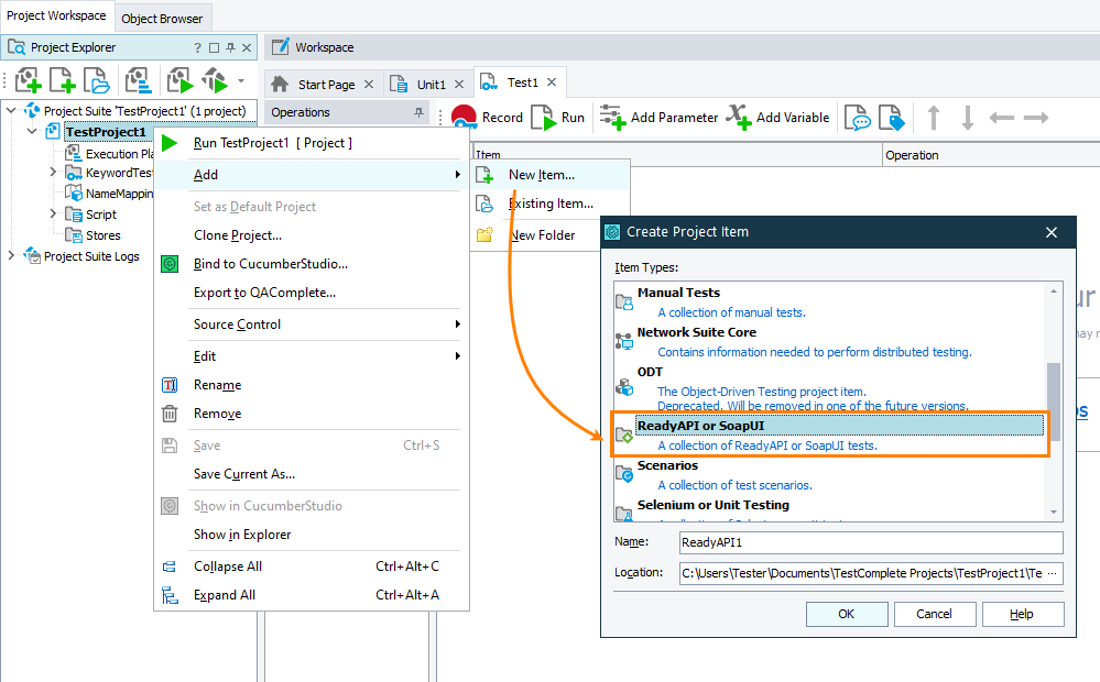 The ReadyAPI or SoapUI collection The ReadyAPI or SoapUI collection with test items