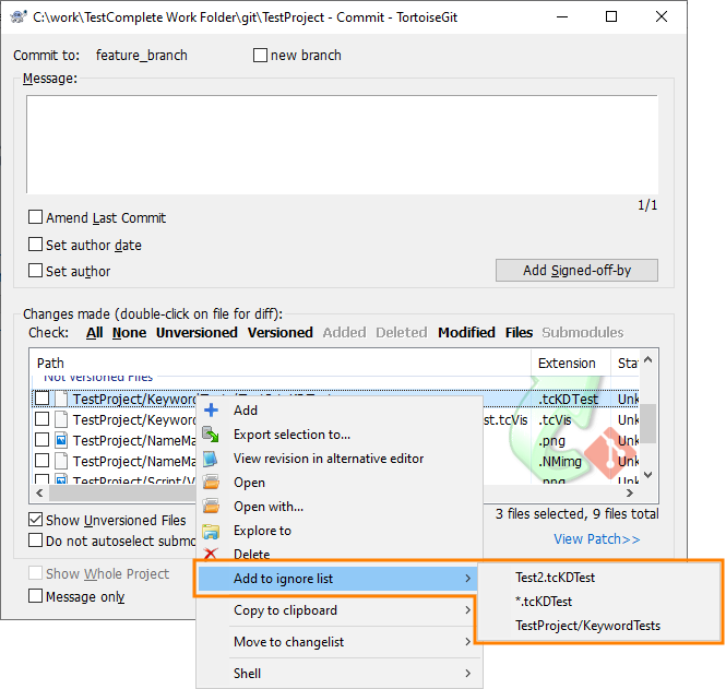 Adding a file to the ignore list via TortoiseGit Commit dialog Adding file to the ignore list via TortoiseGit Commit dialog