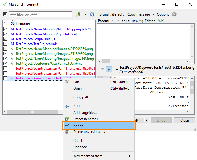Ignoring Files via TortoiseHg Commit Dialog